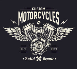 Vintage motorcycle logo emblem vector isolated. V twin engine logo. monochrome label. vector EPS 10