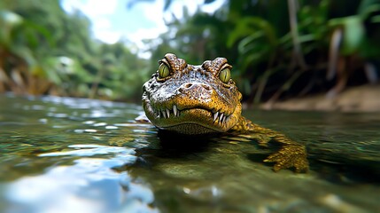 Fototapeta premium Lurking Predator in Mangrove, a formidable saltwater crocodile blends seamlessly into the dense roots and shadows of a vibrant mangrove ecosystem.
