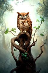 A majestic owl perched on a twisted branch in a serene forest landscape, capturing the beauty of nature and wildlife.