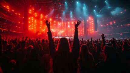 Obraz premium Large audience at a concert venue, with vibrant lighting effects, enthusiastically raises their hands towards the illuminated stage