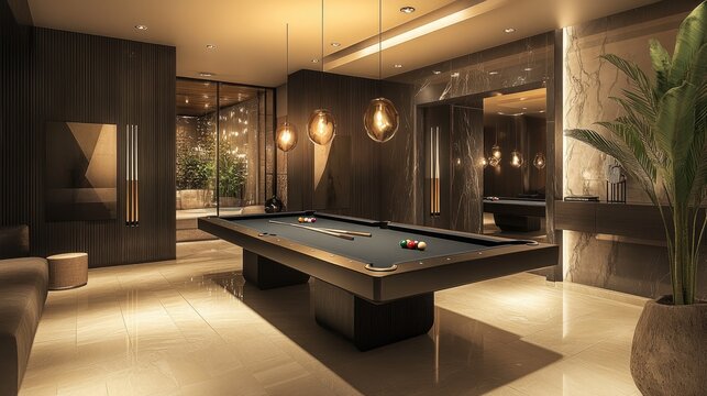 A modern game room with a sleek pool table, surrounded by stylish and lighting, offering an upscale and fun atmosphere.