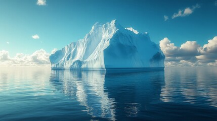 Large iceberg floating in calm, reflective waters with a clear blue sky and scattered clouds above