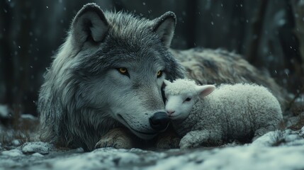 Large wolf is tenderly cuddling with a small lamb in a snowy forest, creating a striking and unusual scene
