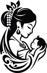 Black and White Illustration of Loving Balinese Mother and Baby During Hindu Naming Ceremony