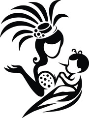 Black and White Illustration of Brazilian Mother and Baby in Carnival Costumes