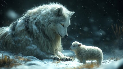 Large, white, fluffy wolf gazes gently at a small lamb in a snowy, forested setting, creating a peaceful scene