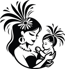 Black and White Illustration of Brazilian Mother and Baby in Carnival Costumes