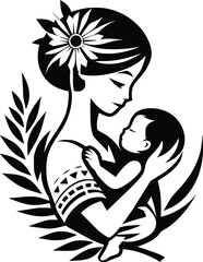 Black and White Illustration of Loving Filipino Mother and Baby During Flores De Mayo Festival