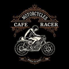 Custom motorcycle label with rider riding motorbike in vintage style isolated, vector eps 10