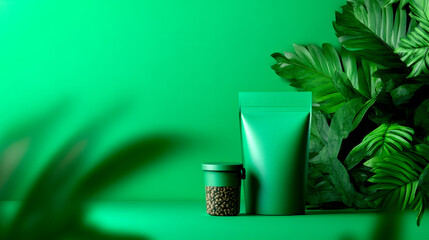 A modern green packaging design featuring a pouch and jar, surrounded by lush foliage, ideal for eco-friendly products.