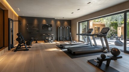 A modern home gym with advanced workout machines, sleek finishes, and a clean, organized layout for a premium fitness experience.