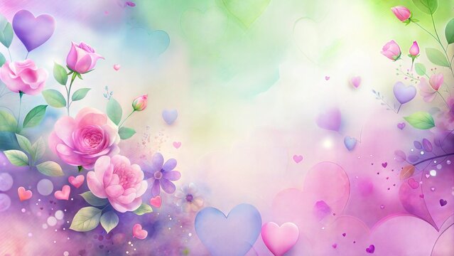 Soft pastel floral background with hearts and whimsical flowers in a dreamy atmosphere