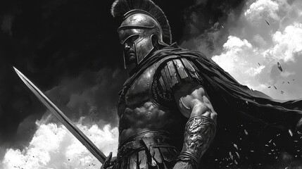 Naklejka premium Muscular warrior in ancient armor and helmet, holding a sword, stands against a dramatic cloudy sky, exuding strength