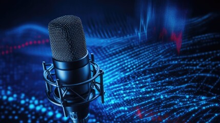 A professional microphone stands against a blue and red digital background.