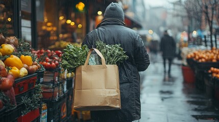 Person in a coat carries a paper bag of leafy greens, walking through a rainy street market with fresh produce