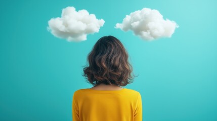Peaceful Woman in Yellow with Dreamy Clouds Background