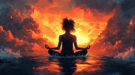 Person meditates in a lotus position on water, silhouetted against a fiery, vibrant sunset and clouds