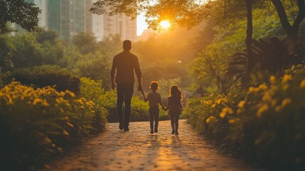 Fototapeta premium Person walks hand-in-hand with two children on a sunlit path surrounded by lush greenery in a park