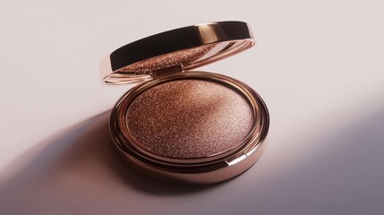 Elegant opened compact highlighter with shimmering powder in golden casing, placed on a softly lit surface, perfect for beauty and makeup themes.