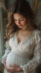Fototapeta premium Pregnant woman in a lacy white dress looks down and smiles tenderly while holding her belly with both hands
