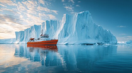 Red and white boat is floating on calm water near a massive iceberg under a partly cloudy sky