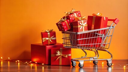 Red Gift Boxes In Shopping Cart With Golden Bow And Lights On Orange Background