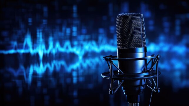A professional condenser microphone in a recording studio with blue light and sound waves in the background.