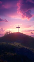 A cross atop the hill with a beautiful sunrise in the background, an Easter-themed background with copy space for text
