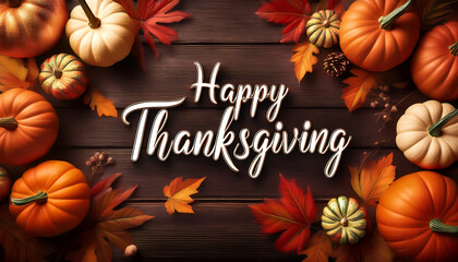  Happy Thanksgiving script, with pumpkins and leaves on a dark wooden background, perfect fo_1(602)