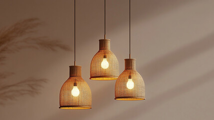 Modern hanging kitchen lights made of woven material illuminated against a soft wall backdrop