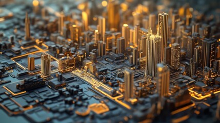 Futuristic city skyline resembling a complex circuit board, illuminated with glowing golden lights, symbolizing technology and innovation.