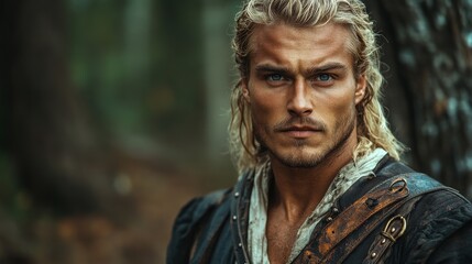 Fototapeta premium Serious-looking man with long blonde hair and blue eyes, dressed in medieval or fantasy-inspired clothing