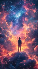 Fototapeta premium Silhouette of a person stands atop clouds beneath a mesmerizing, colorful sky filled with stars and vivid cosmic patterns