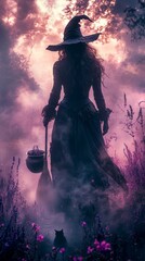 Silhouette of a witch, holding a broom and cauldron, walks through a misty, purple-lit forest with blooming flowers