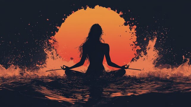 Silhouette of a person meditating by the water with a vibrant sunset and waves in the background