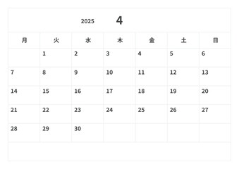 2025年(令和7年) カレンダー 4月, ベクター, テンプレート, 月曜始まり
