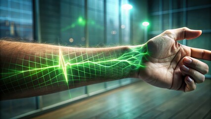 Human Arm with Green Heartbeat Pulse and Grid