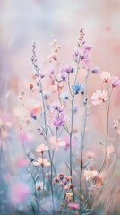 Soft pastel wildflowers bloom gently, creating a dreamy, light, and airy atmosphere perfect for springtime themes and romantic settings.