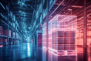 Advanced warehouse featuring holographic storage systems for enhanced logistics and technology use