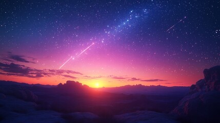 Stunning sunset over a mountainous landscape beneath a starry sky with shooting stars and...