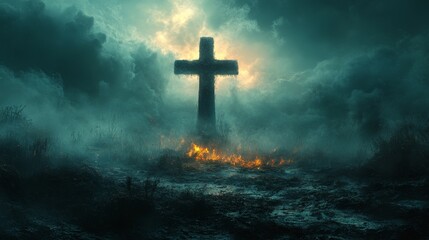 Fototapeta premium Tall cross stands amid dark, smoky surroundings with patches of fire on the ground and a misty, eerie atmosphere
