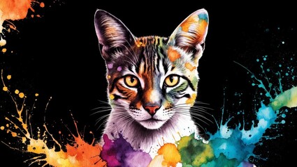 A vibrant, artistic rendering of a cat with splashes of colorful paint
