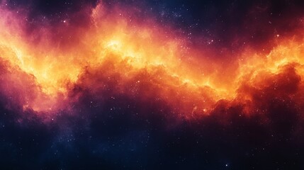 This image features a vibrant, cosmic nebula with brilliant orange and yellow clouds against a deep blue star-filled space backdrop