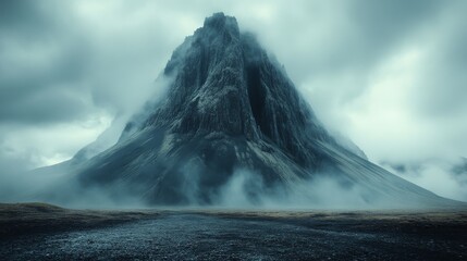 Towering, fog-enshrouded mountain dominates the landscape, surrounded by mist, creating a dramatic and mysterious natural scene beneath cloudy skies