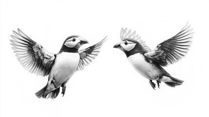 Fototapeta premium Two birds, drawn in detailed black and white, appear to be mid-flight facing each other with wings fully extended