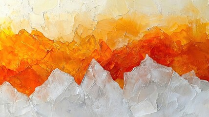 A vibrant abstract landscape featuring orange and white mountain peaks, conveying warmth and tranquility.