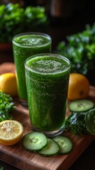 Two glasses of green juice are on a wooden surface surrounded by sliced cucumbers, lemons, and leafy greens