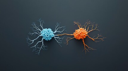 Fototapeta premium Abstract representation of two interconnected cells in vibrant blue and orange, symbolizing communication and connection in biology.