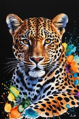Obraz premium A vivid artistic portrayal of a leopard's face with splashes of colorful ink