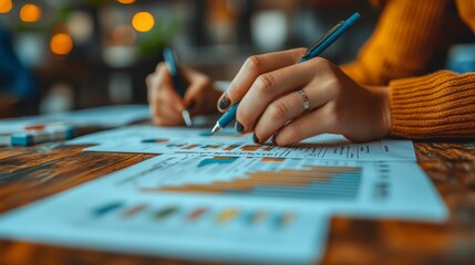 Two individuals are analyzing graphs and charts on documents with colorful bar graphs, while marking notes with pens